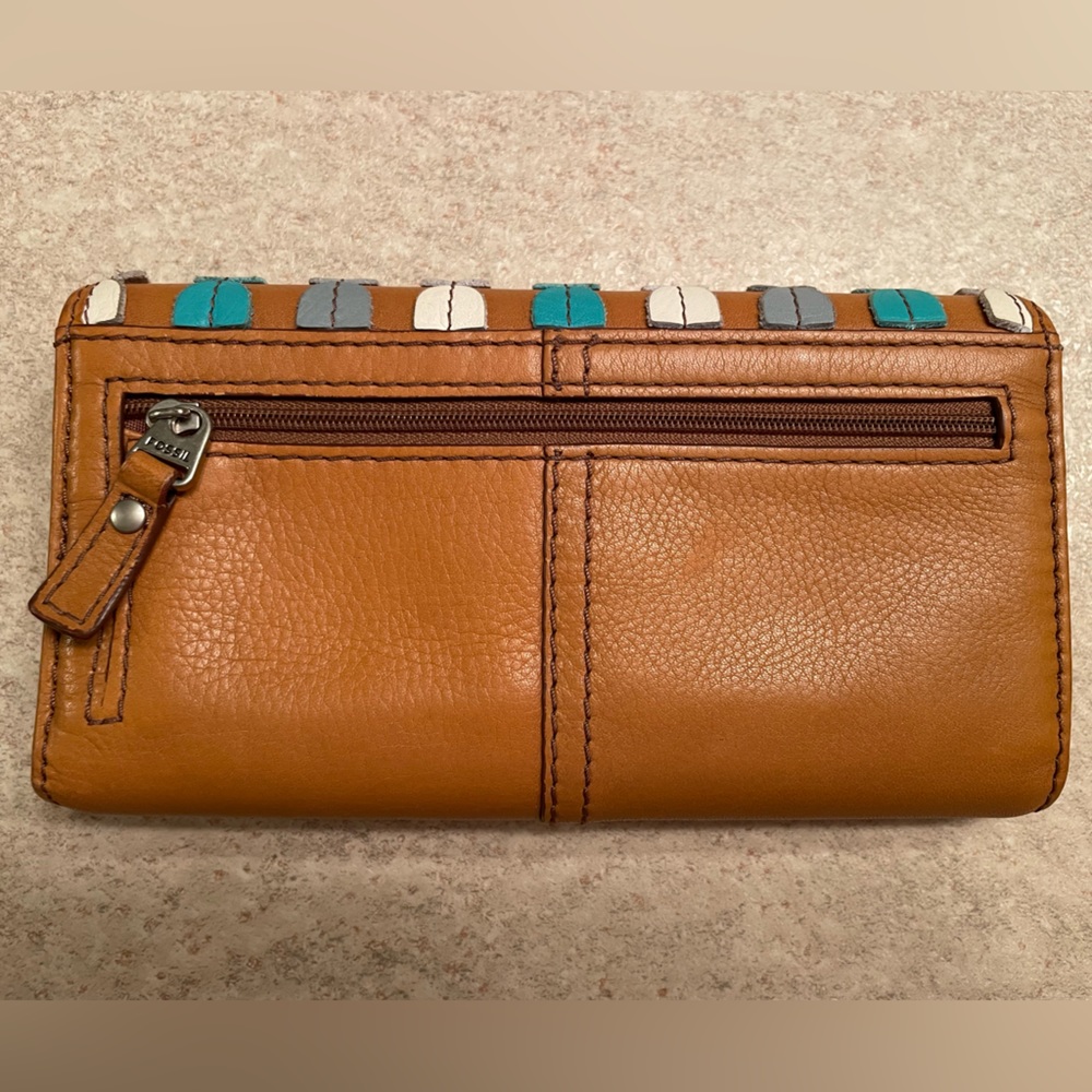 Large Fossil Clutch Wallet Genuine Leather Brown Teal Blue - Picture 8 of 10